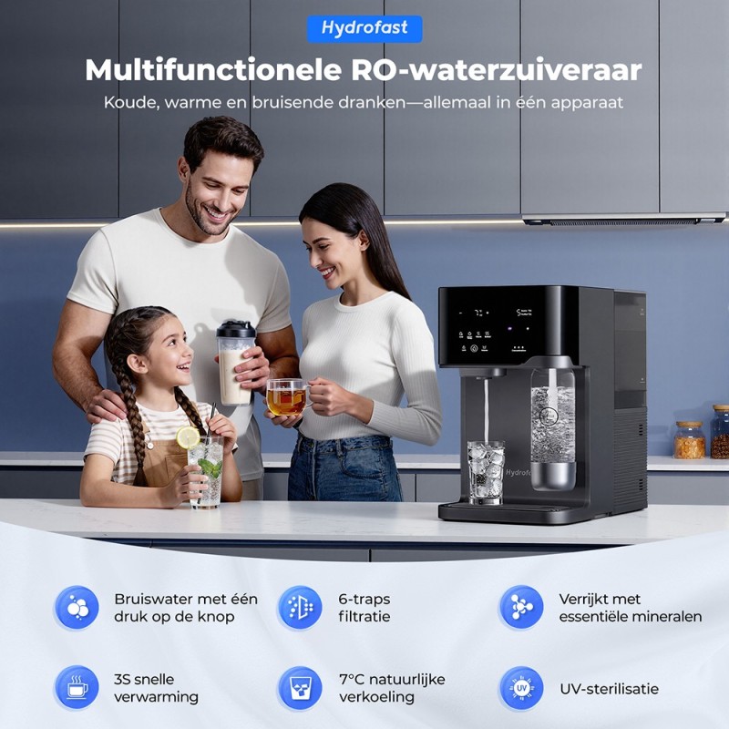 Hydrofast C300 RO Waterzuiveraar voor op het aanrecht, met UV-sterilisatie, ijskoud en bruiswater dispenser