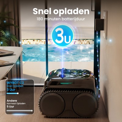 WYBOT C2 Draadloze Zwembadrobot, reinigt wanden en waterlijn, dubbel filtersysteem, voor inbouwzwembaden tot 150 m²