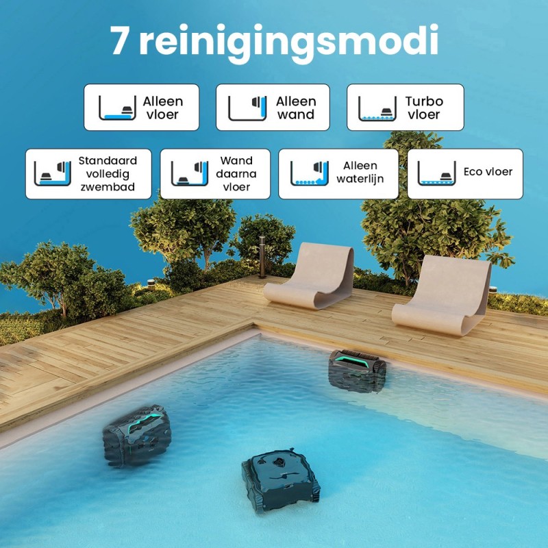 WYBOT C2 Draadloze Zwembadrobot, reinigt wanden en waterlijn, dubbel filtersysteem, voor inbouwzwembaden tot 150 m²