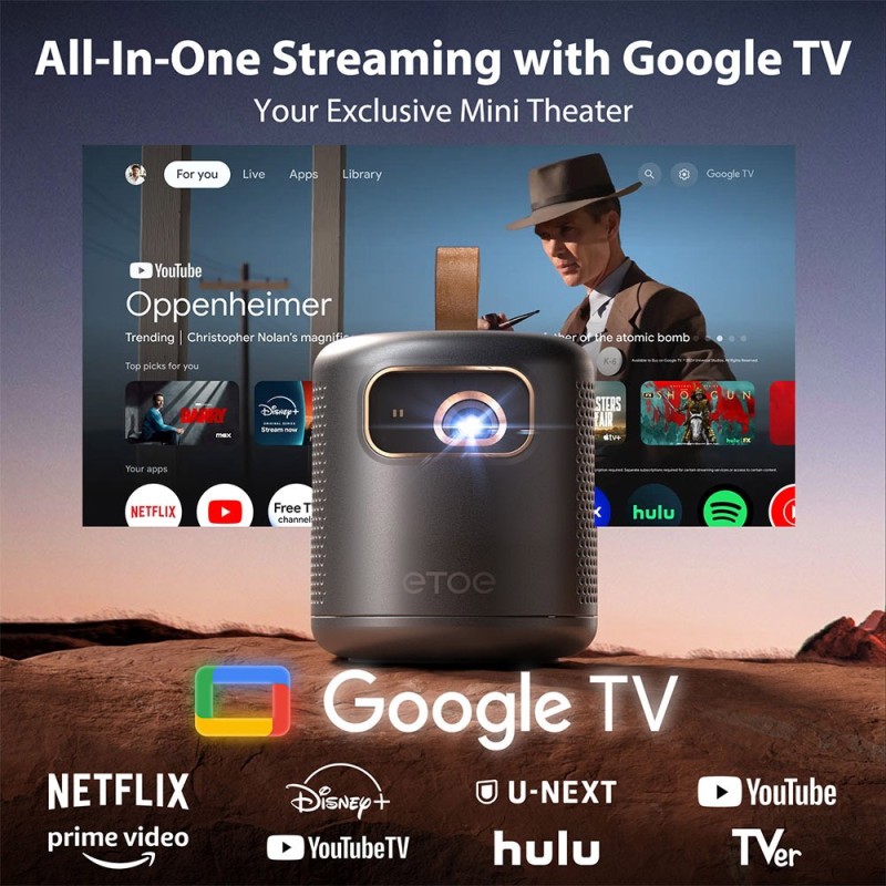 Projektor DLP ETOE Dolphin, 1080P 500 ANSI Lumenów, Google TV, Certyfikat Dolby Atmos - Czarny
